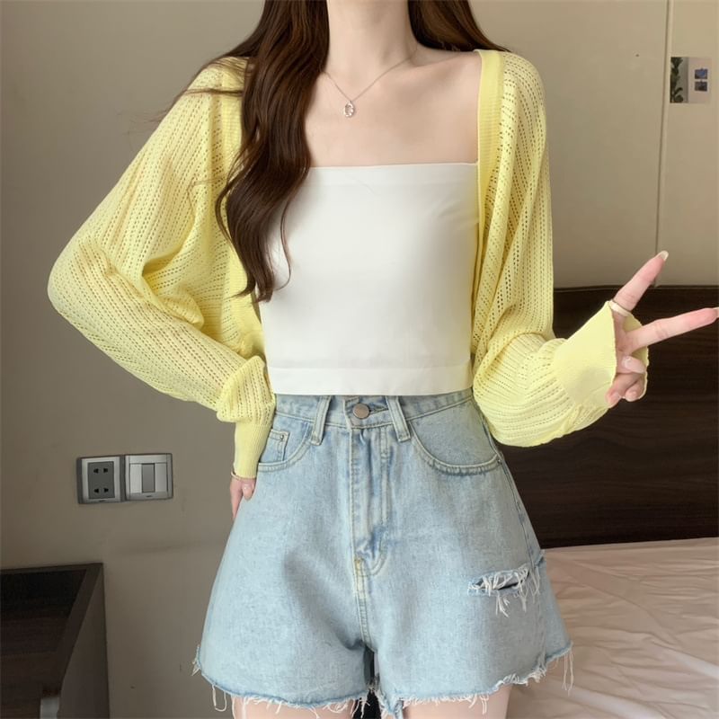 Perforated Open Front Plain Crop Cardigan