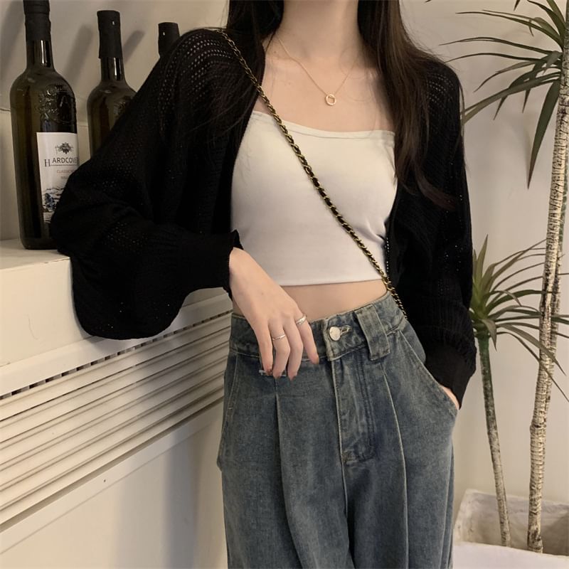 Perforated Open Front Plain Crop Cardigan