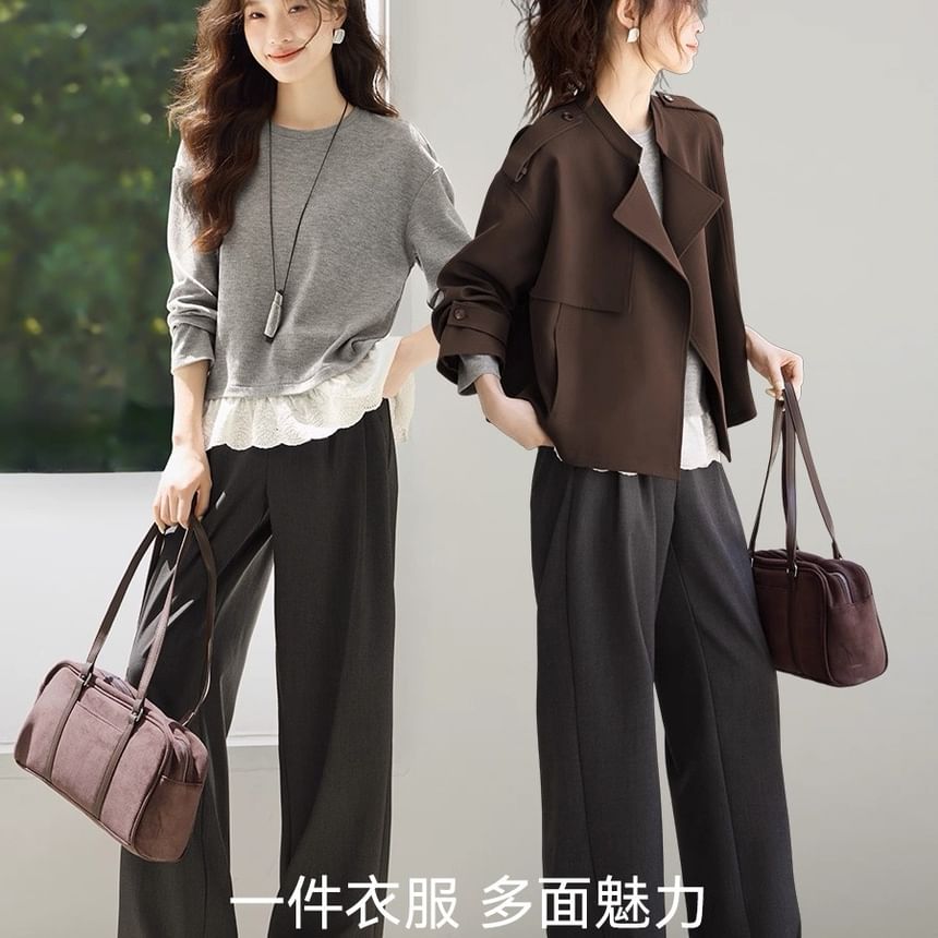 Round Neck Lace Panel Pullover