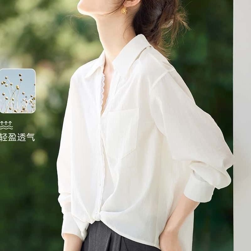 Long-Sleeve V-Neck Collared Lace Trim Button-Up Blouse