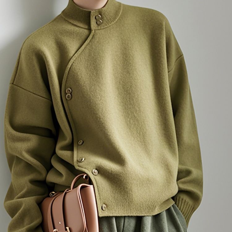 Asymmetrical Button-Up Stand Collar Plain Cardigan
