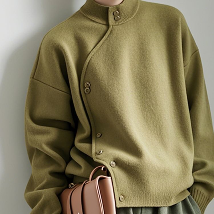Asymmetrical Button-Up Stand Collar Plain Cardigan