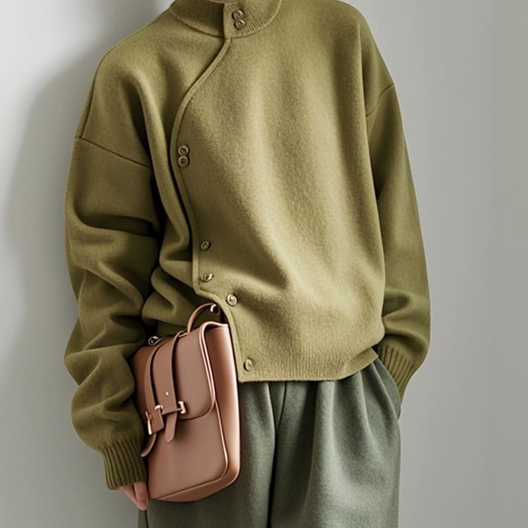 Asymmetrical Button-Up Stand Collar Plain Cardigan
