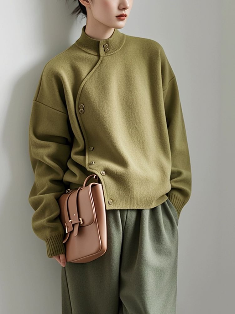 Asymmetrical Button-Up Stand Collar Plain Cardigan
