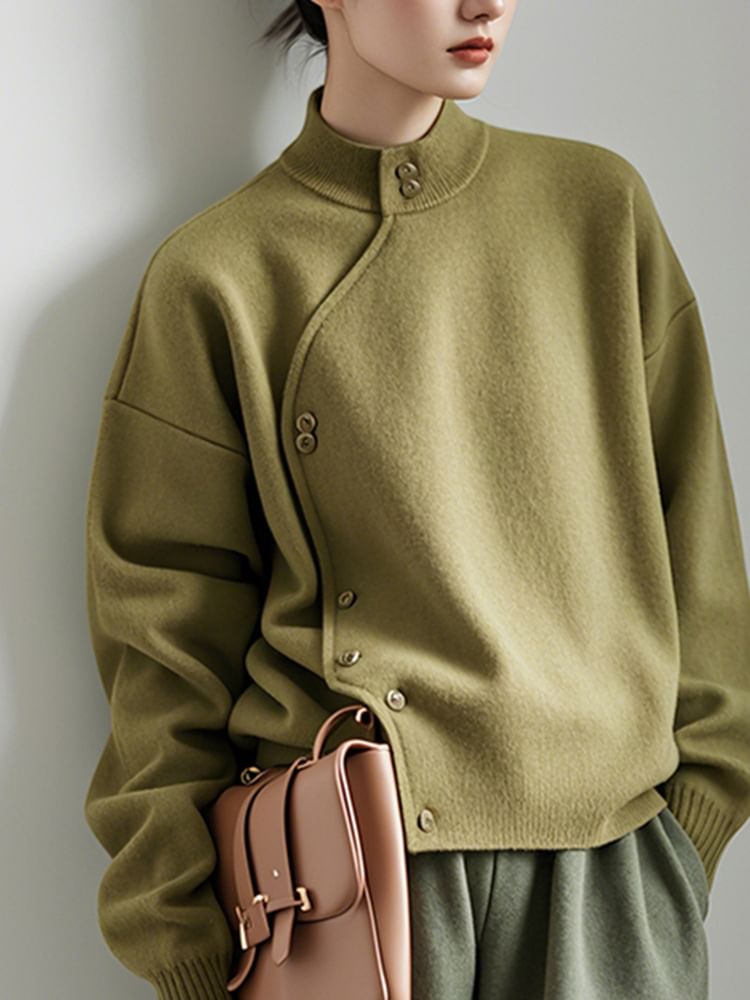 Asymmetrical Button-Up Stand Collar Plain Cardigan
