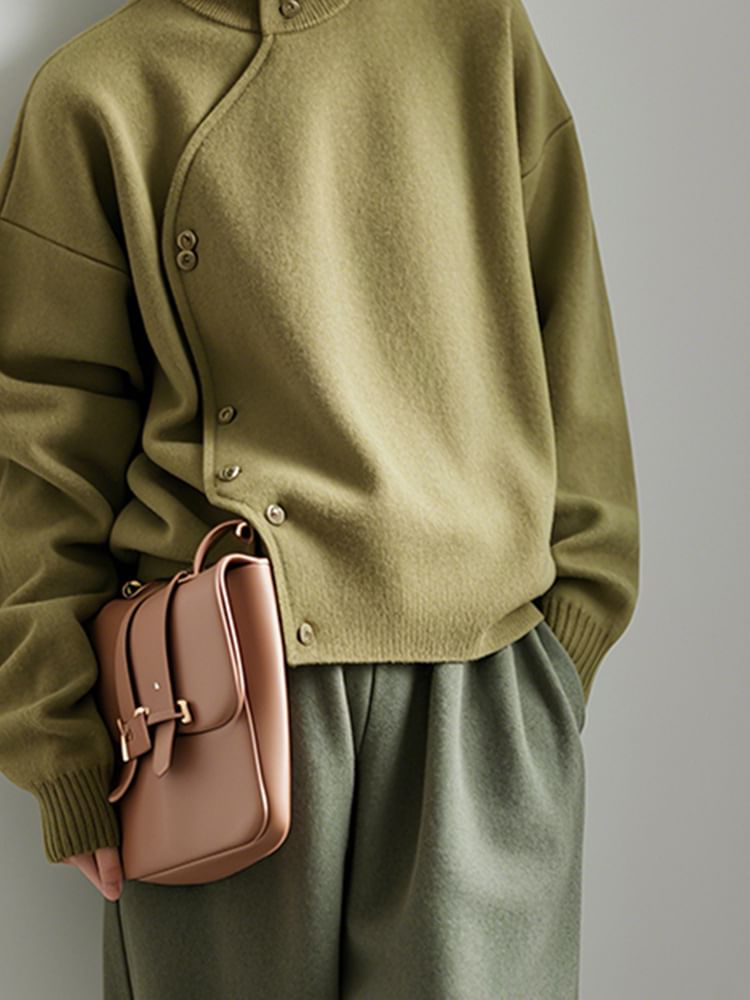 Asymmetrical Button-Up Stand Collar Plain Cardigan