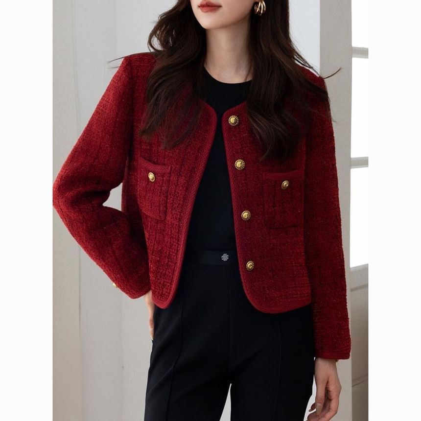 Crew Neck Button-Up Plain Tweed Jacket