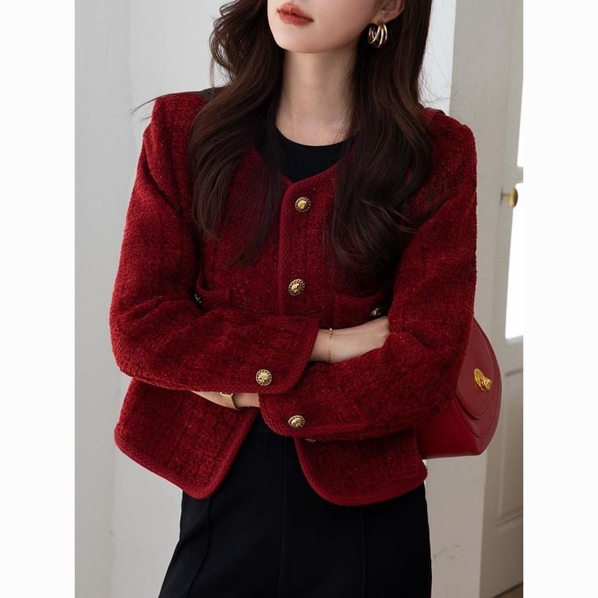 Crew Neck Button-Up Plain Tweed Jacket