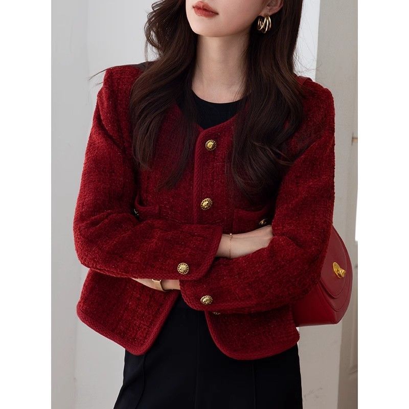 Crew Neck Button-Up Plain Tweed Jacket