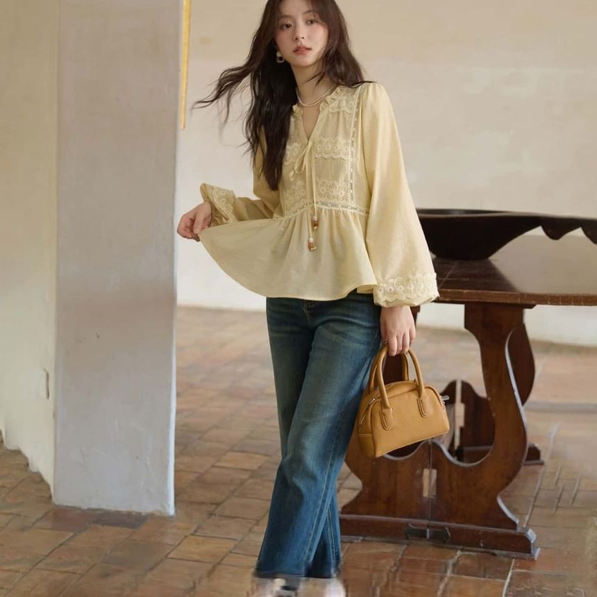 Long-Sleeve Stand Collar Lace Panel Frill Blouse