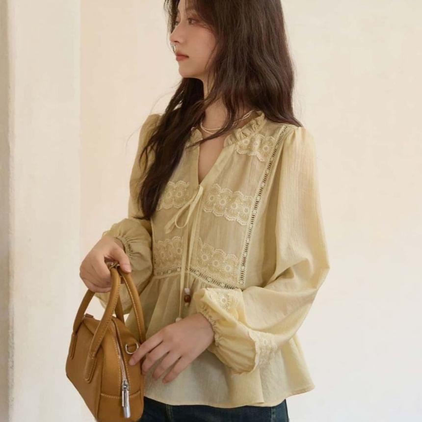 Long-Sleeve Stand Collar Lace Panel Frill Blouse
