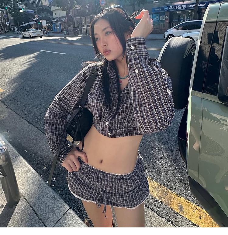 Plaid Button-Up Crop Shirt & Low Waist Lace Trim Mini Skirt