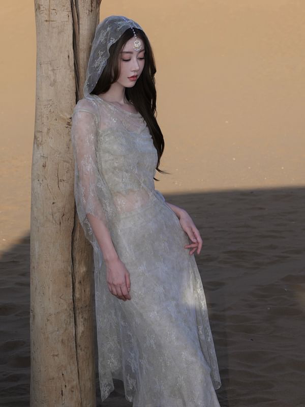 Hooded Slit Lace Long Top & Crop Cami & Tie Dye Maxi Skirt Set