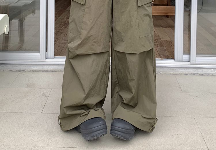 Mid Waist Plain Baggy Cargo Pants