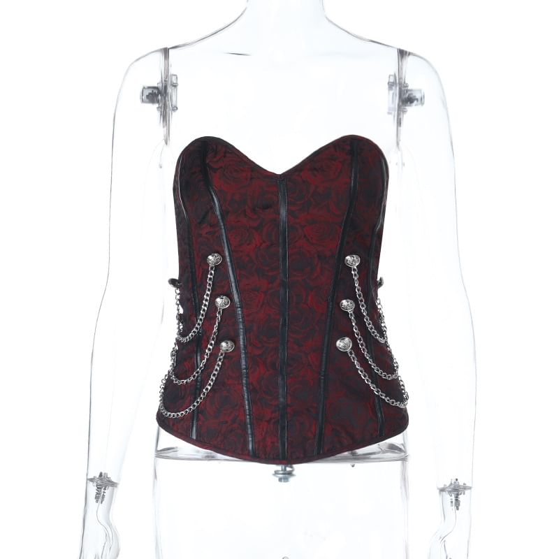 Chain Double-Breasted Jacquard Panel Tube Bustier Top