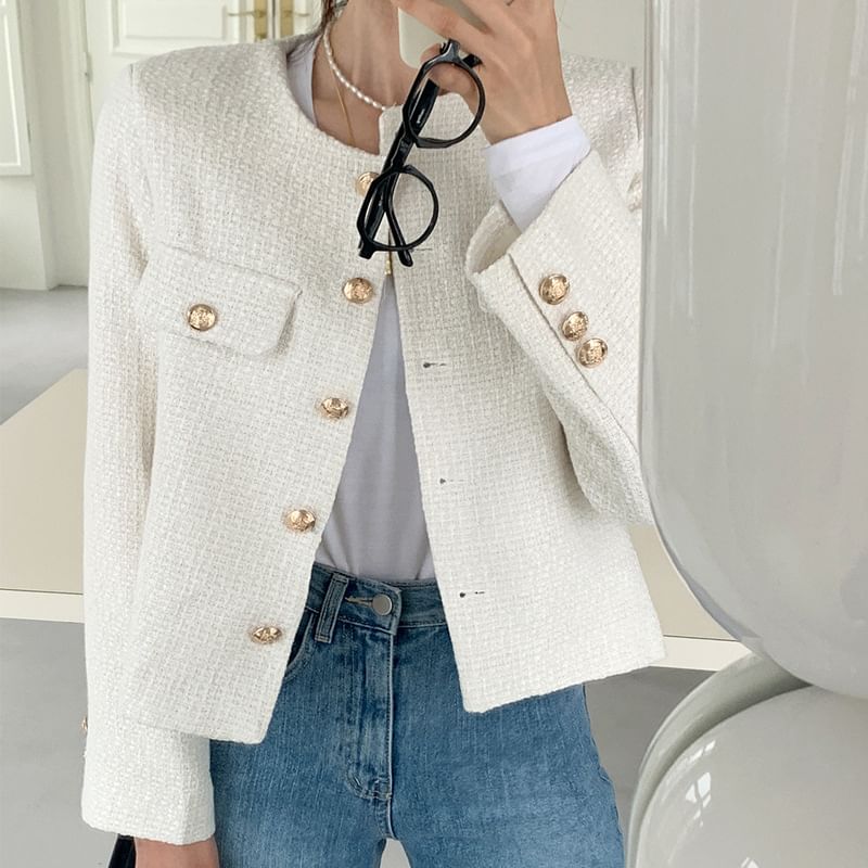 Crew Neck Button-Up Plain Tweed Jacket