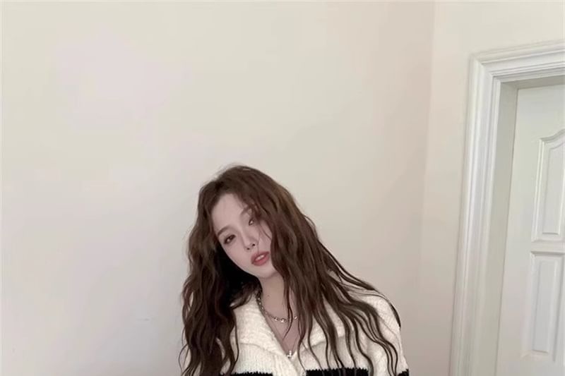 Striped Stand Collar Knit Cardigan