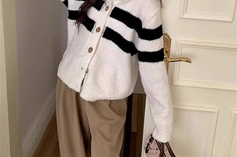Striped Stand Collar Knit Cardigan