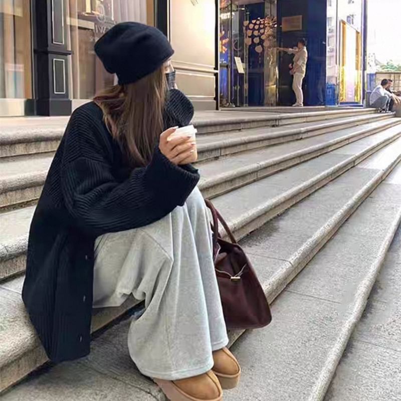 Drop-Shoulder Ribbed Plain Knit Cardigan