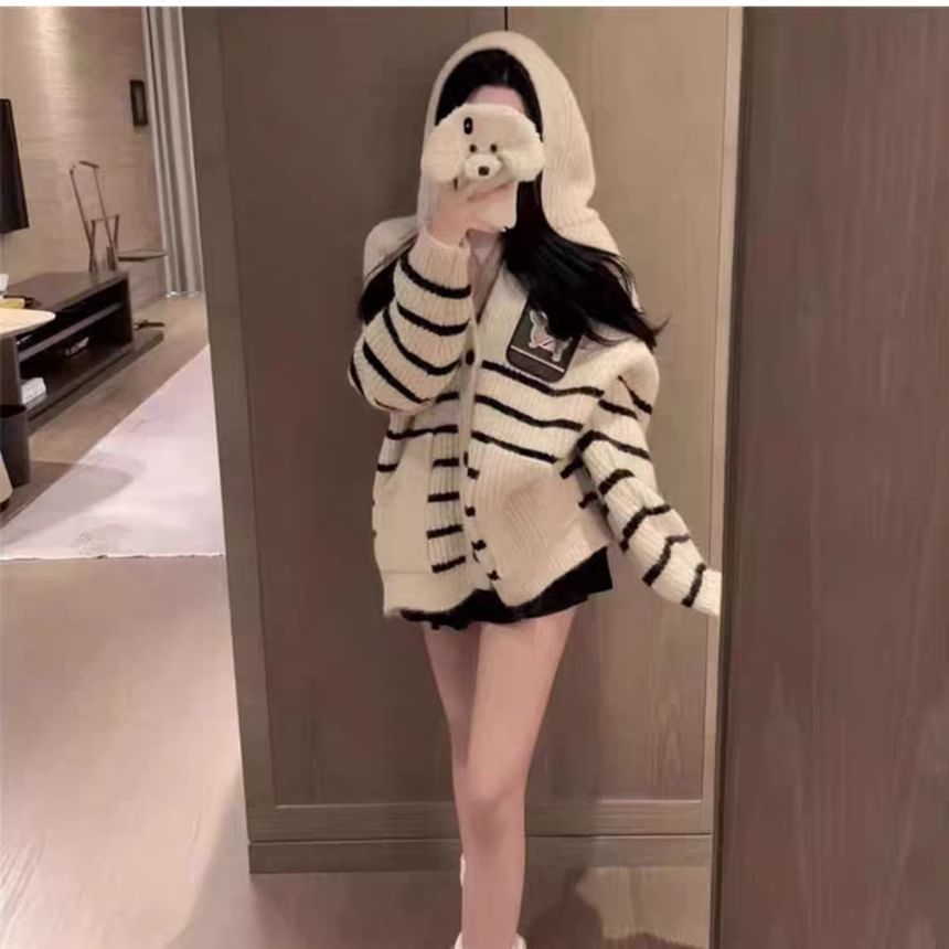 Hooded Striped Ribbed Knit Cardigan