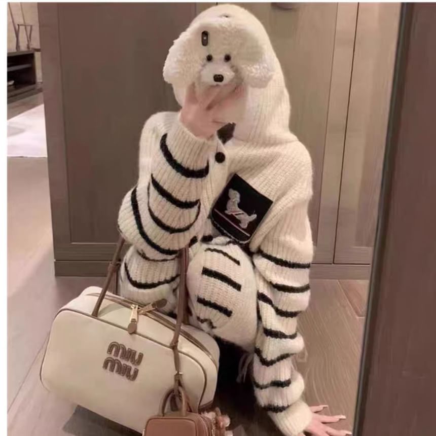 Hooded Striped Ribbed Knit Cardigan