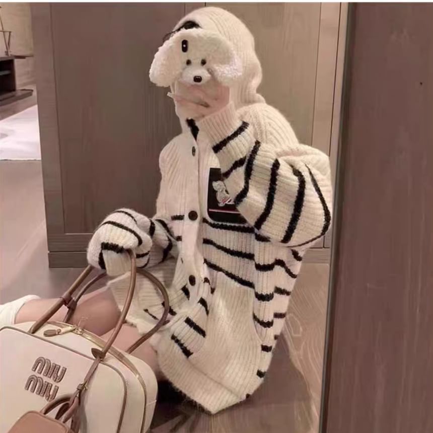 Hooded Striped Ribbed Knit Cardigan