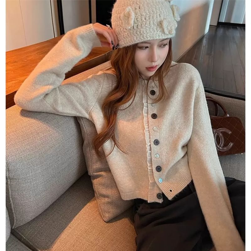Ruffled Crew Neck Plain Knit Cardigan
