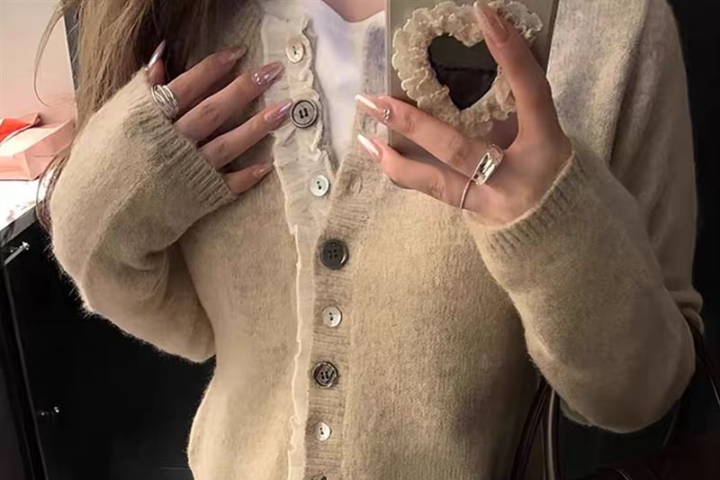 Ruffled Crew Neck Plain Knit Cardigan