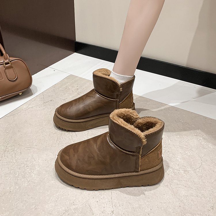 Platform Fleece-Lined Faux Leather Ankle Snow Boots