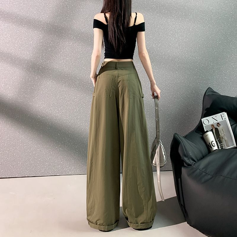 Mid Rise Plain Wide Leg Cargo Pants (Various Designs)