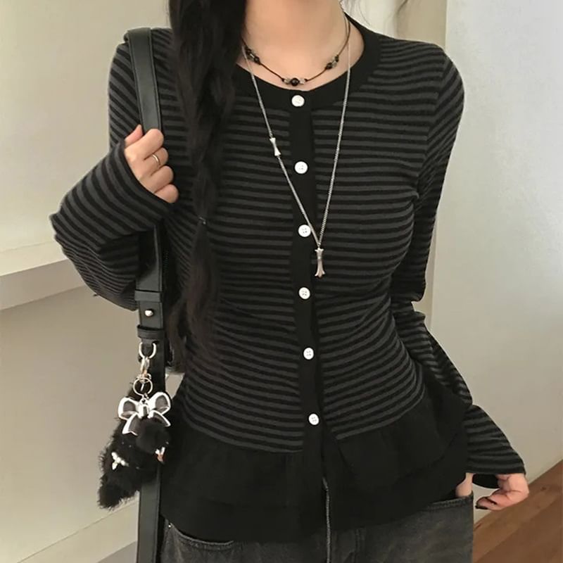 Crew Neck Striped Slim-Fit Long Sleeve Cardigan