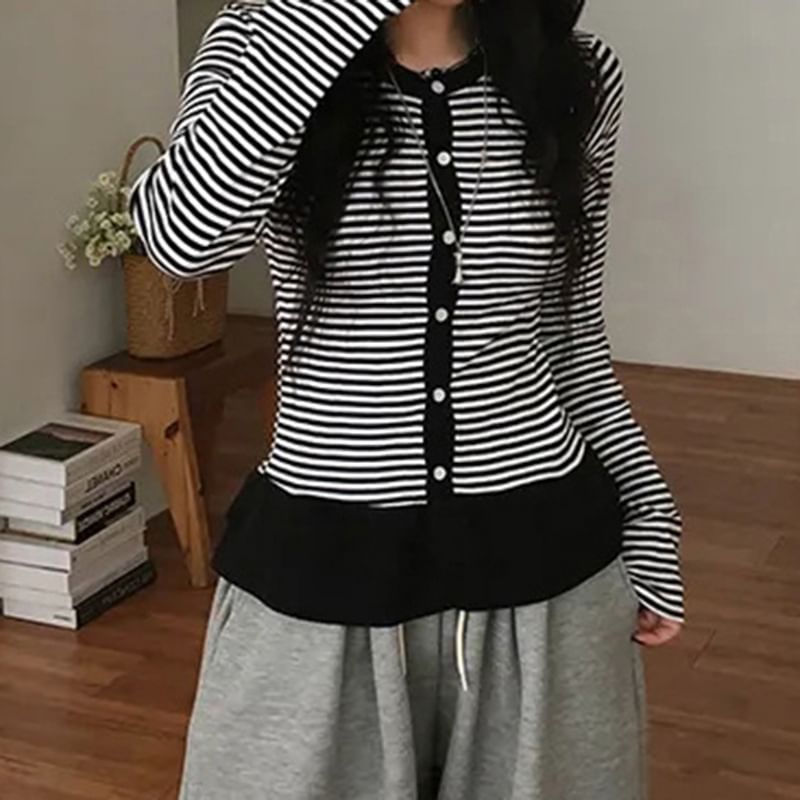 Crew Neck Striped Slim-Fit Long Sleeve Cardigan