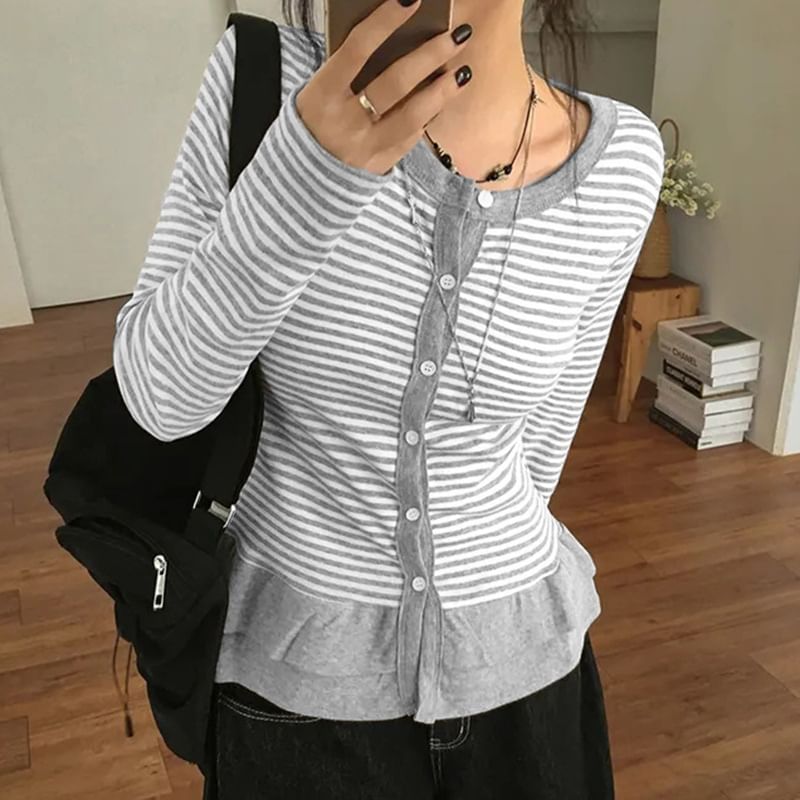 Crew Neck Striped Slim-Fit Long Sleeve Cardigan