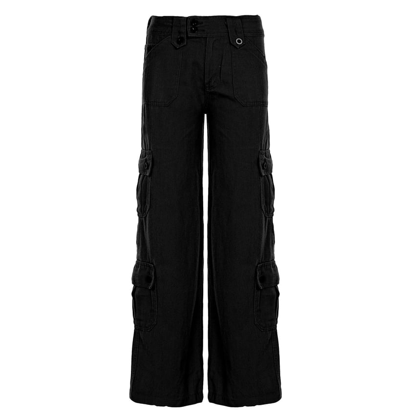 Low Waist Plain Pocket Straight-Fit Wide-Leg Cargo Pants