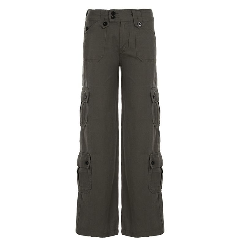 Low Waist Plain Pocket Straight-Fit Wide-Leg Cargo Pants