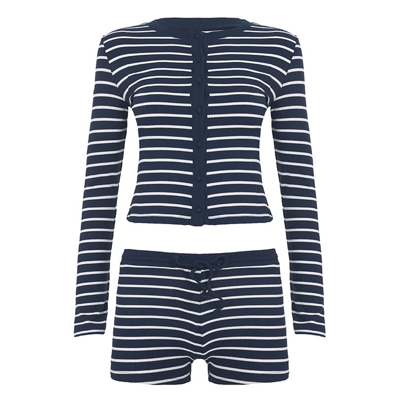 Striped Long Sleeve Crop Cardigan & High Waist Knit Shorts Set