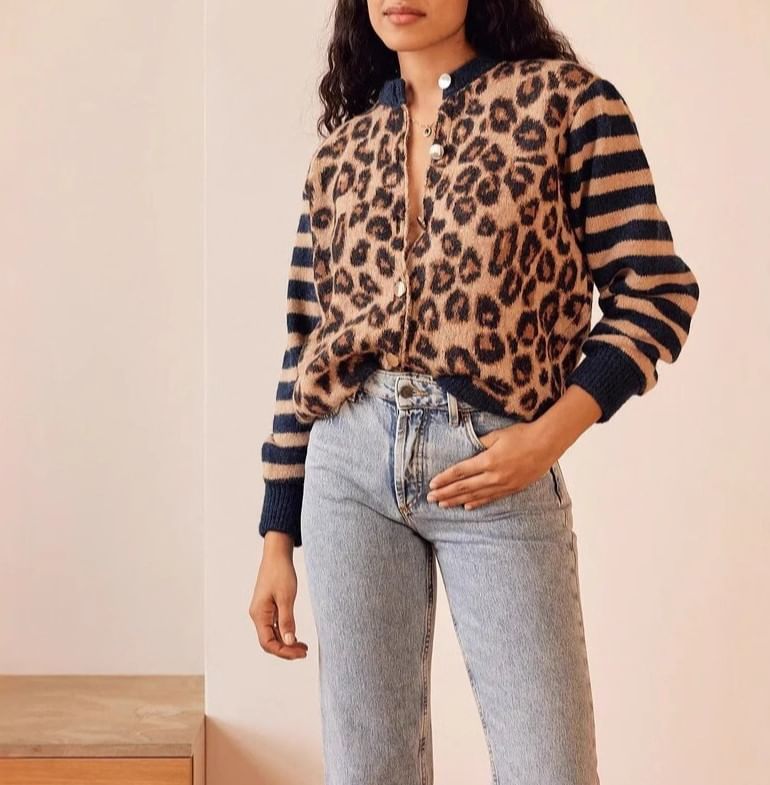 Leopard Print Striped Long Sleeve V-Neck Loose Cardigan