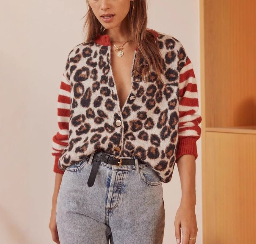 Leopard Print Striped Long Sleeve V-Neck Loose Cardigan