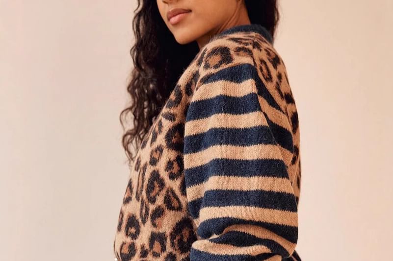 Leopard Print Striped Long Sleeve V-Neck Loose Cardigan