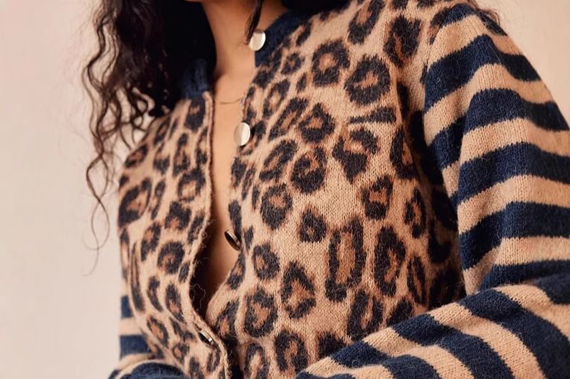 Leopard Print Striped Long Sleeve V-Neck Loose Cardigan