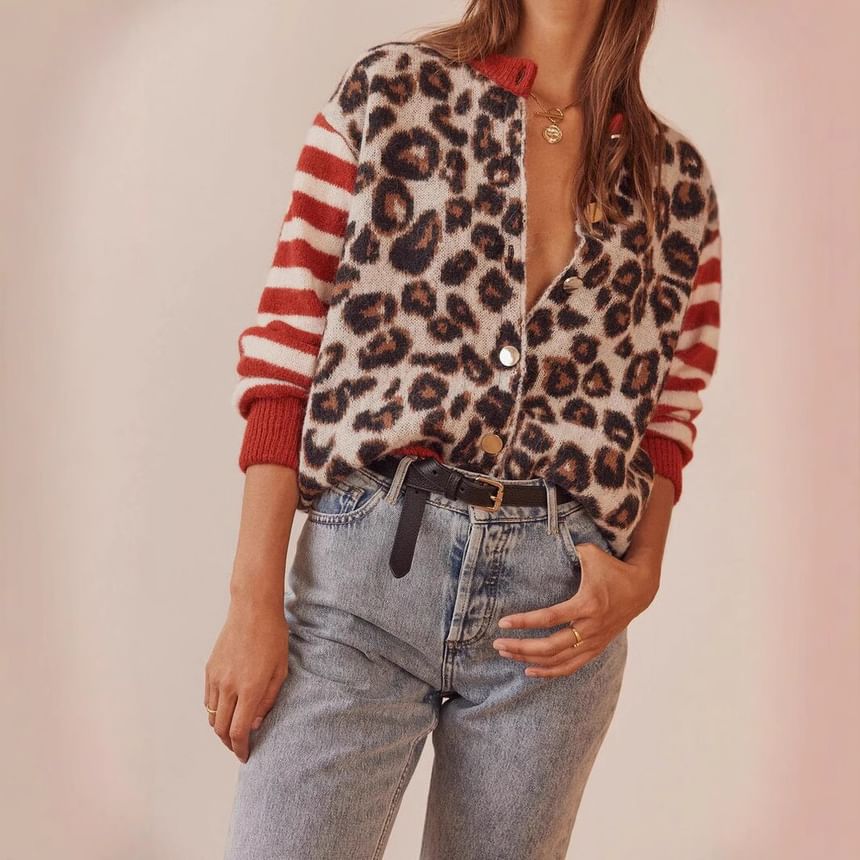 Leopard Print Striped Long Sleeve V-Neck Loose Cardigan