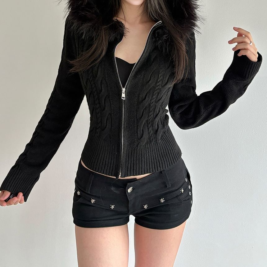 Cable-Knit Furry-Trim Zip-Up Long Sleeve Cardigan