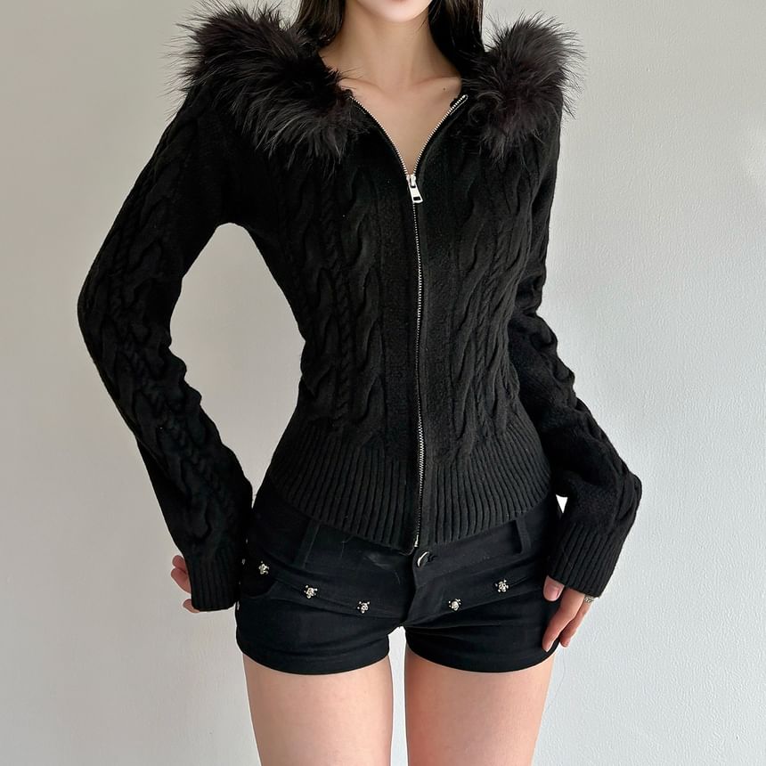 Cable-Knit Furry-Trim Zip-Up Long Sleeve Cardigan