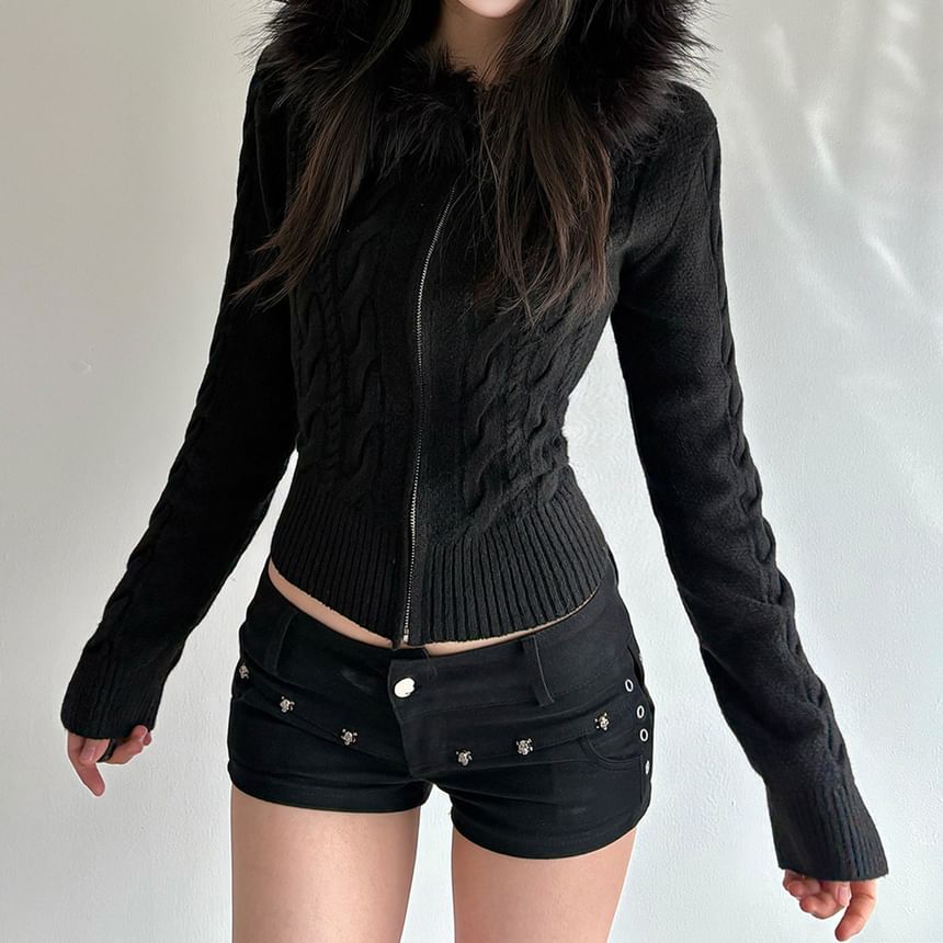 Cable-Knit Furry-Trim Zip-Up Long Sleeve Cardigan