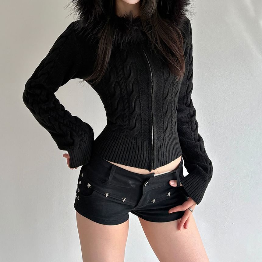 Cable-Knit Furry-Trim Zip-Up Long Sleeve Cardigan