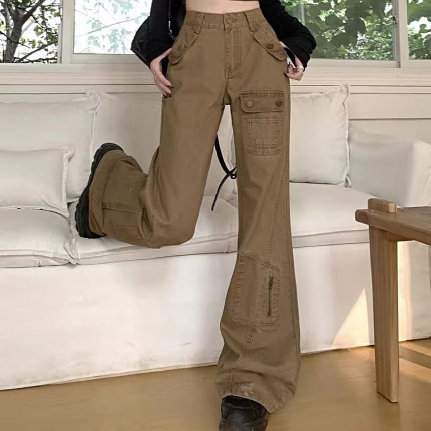 High Waist Washed Pocket Straight-Fit Boot-Cut Cargo Pants