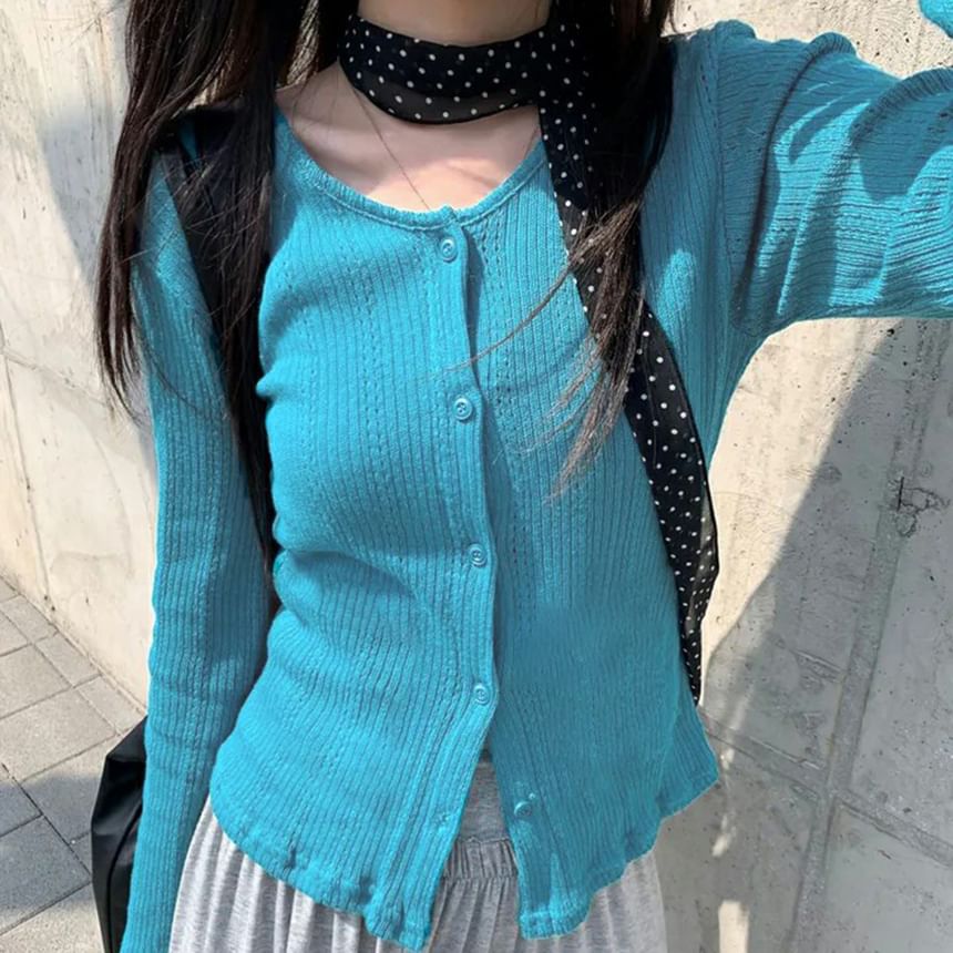 Scoop Neck Long Sleeve Ribbed-Knit Slim-Fit Cardigan