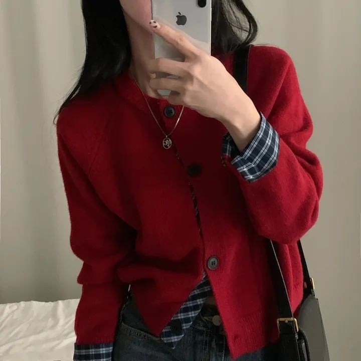 Plaid Panel Round Neck Cardigan