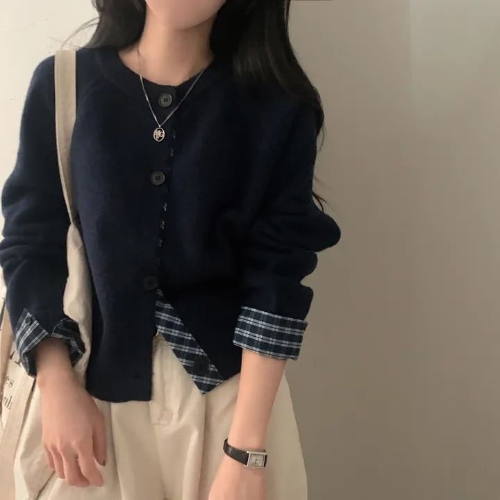 Plaid Panel Round Neck Cardigan