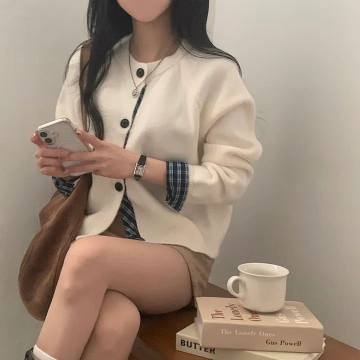 Plaid Panel Round Neck Cardigan